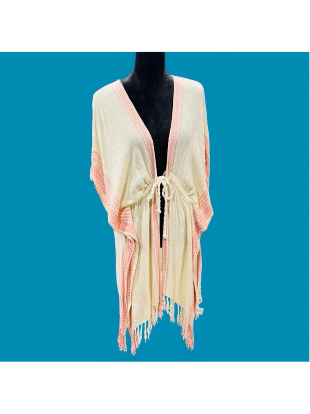 Treasure & Bond Cream Pink Fringe Kimono Cardigan Cover Up One Size Boho Coastal
